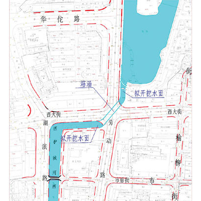 小西湖与西护城河连通工程：从西湖公园西南角向南修建明渠，再修建箱涵穿过十字路口至西大街与劳动路西南角，然后向西开挖长约90米的明渠。