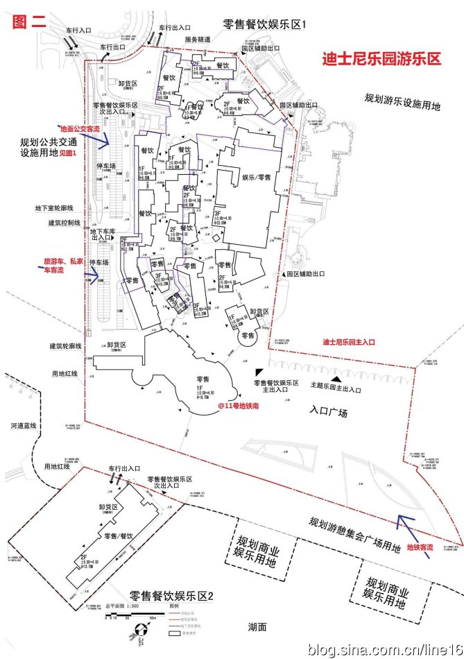 上海迪士尼乐园入口处公共交通枢纽、餐饮娱乐设施规划图（大图）